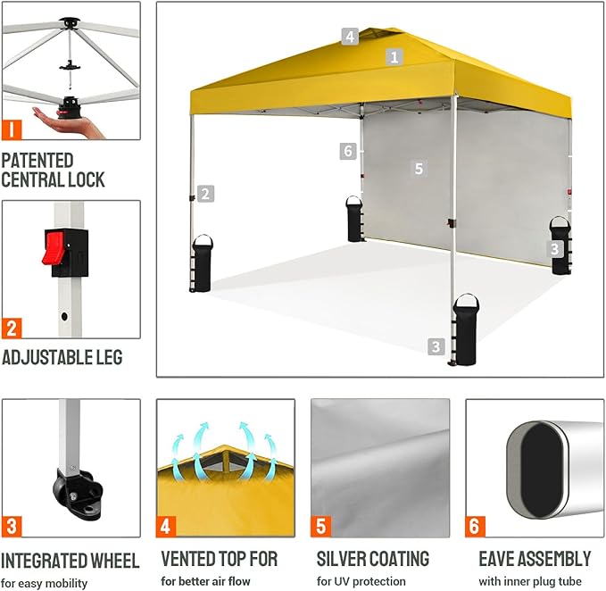 CROWN SHADES 10x10 Pop Up Canopy with 1 Side Wall - Beach Tent with One Push Setup - Outdoor Sun Shade for Events, Parties,