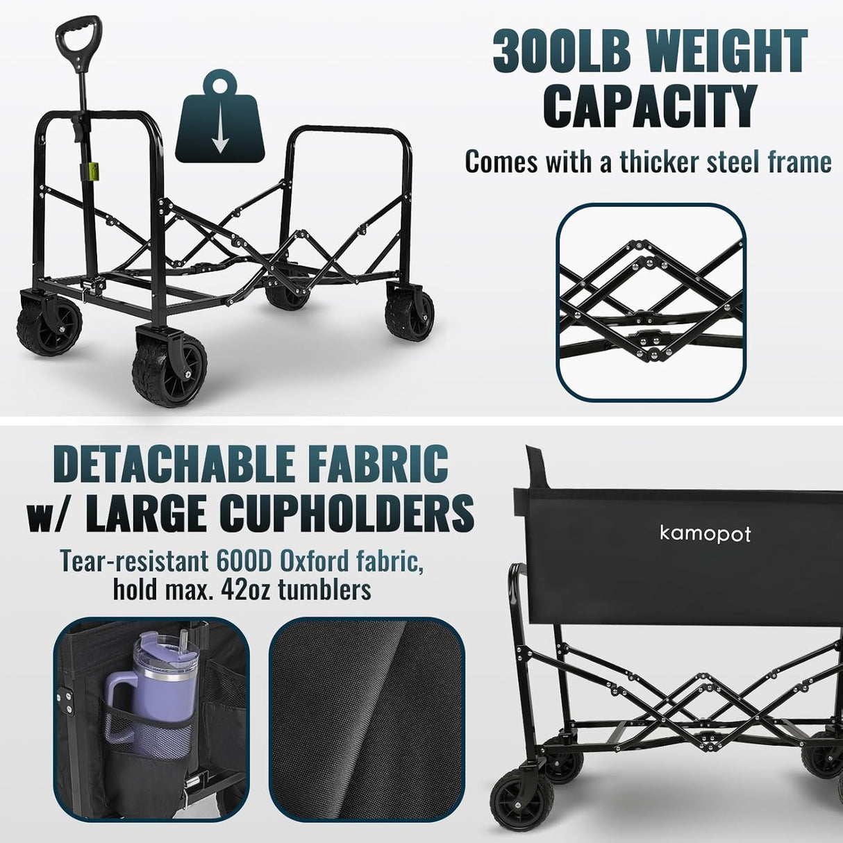 Large Collapsible Wagon Foldable for Beach, Yard, Grocery, Park, 34" x 18" Inner Storage. 300lb Heavy Duty Folding Utility