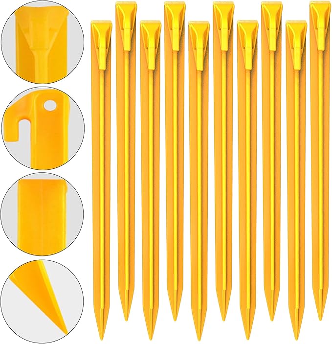 10-Pack Plastic Tent Stakes - 12-Inch Heavy Duty Canopy Anchoring Pegs for Camping, Gardening, Landscaping, Backpacking -