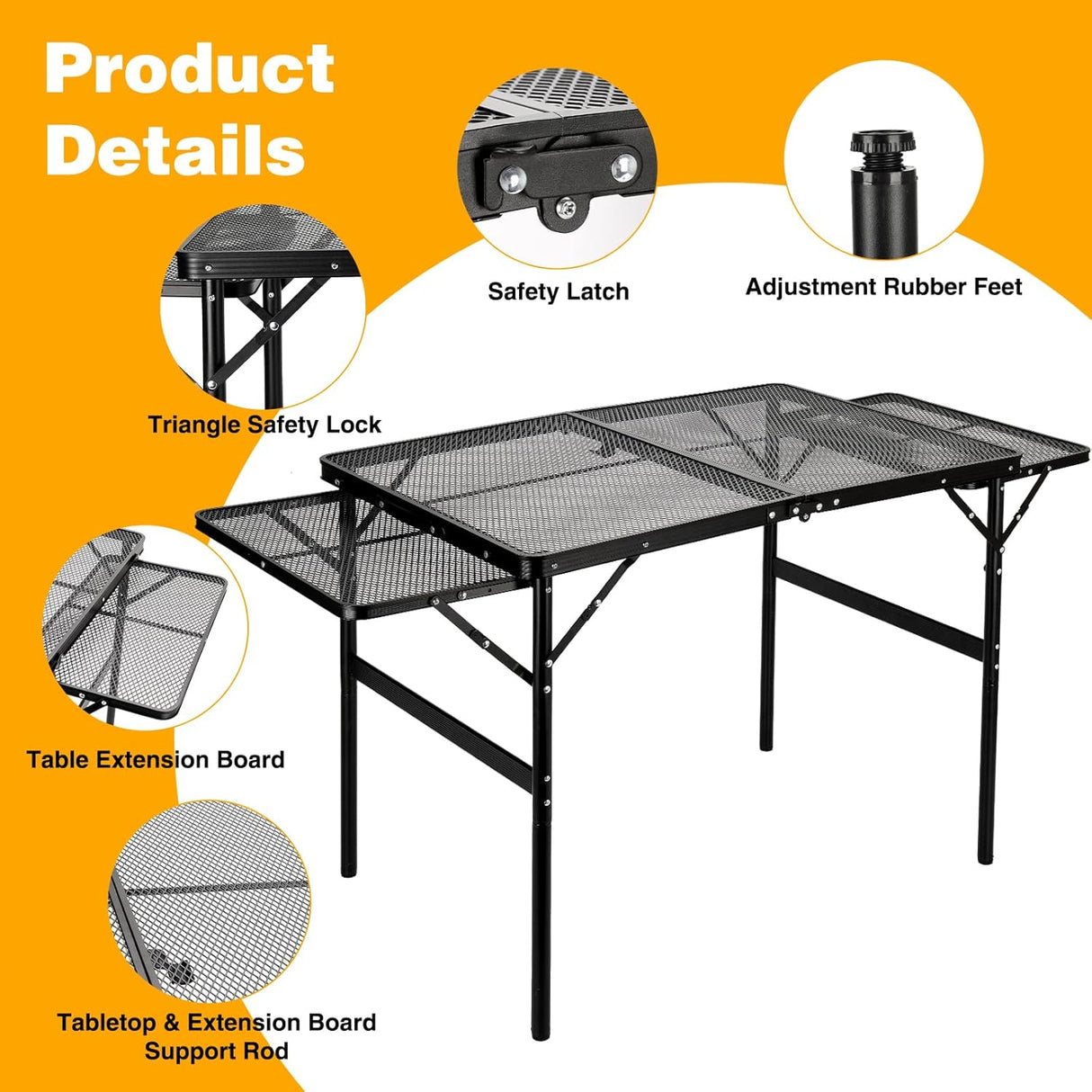 Grill Table Folding Table with 2 Wing Panels 3FT+1.4 FT with Mesh Desktop 2 Height Adjustable Portable Grill for Outdoor