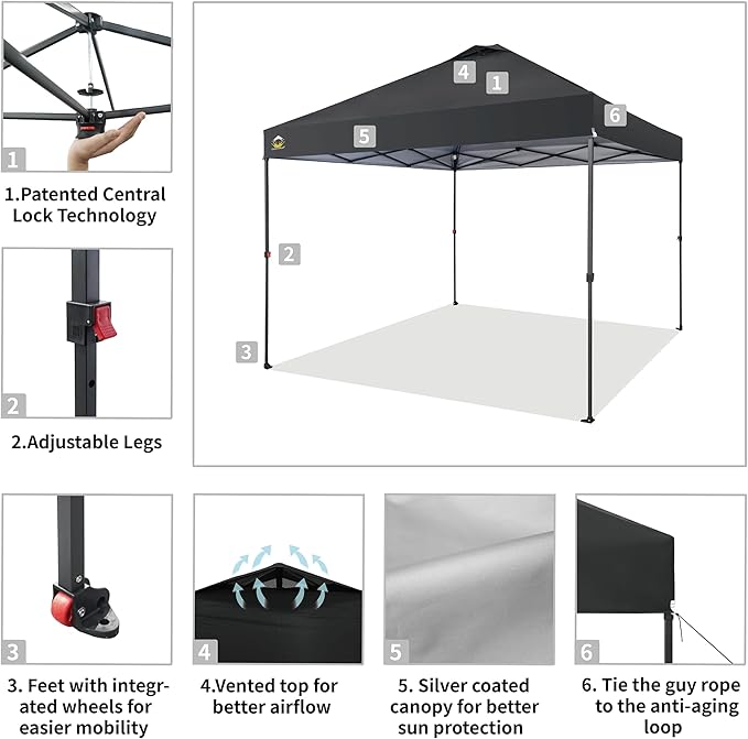 CROWN SHADES 10x10 Pop Up Canopy Tent - Patented Center Lock One Push Instant Outdoor Canopy Beach Tent with STO-N-Go Bag 8