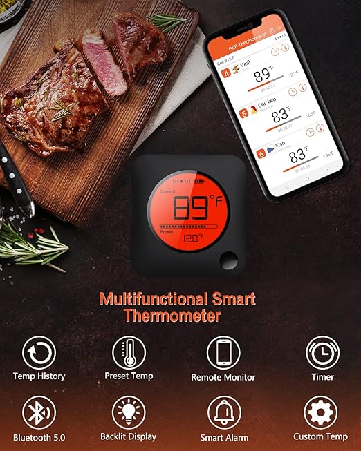 BFOUR Meat Thermometer Wireless Bluetooth, LCD Digital Meat Thermometer with Dual Probe, Wireless Remote BBQ Thermometer for