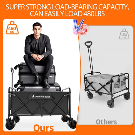 300L Large Collapsible Wagons Carts with Big All-Terrain Beach Wheels, Foldable Shopping Wagon Cart, Heavy Duty 480lbs Load,