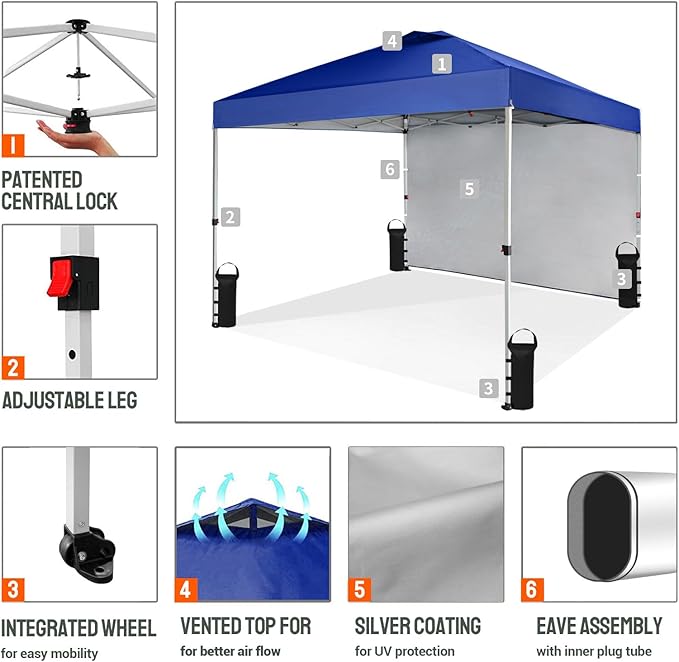 CROWN SHADES 10x10 Pop Up Canopy with 1 Side Wall - Beach Tent with One Push Setup - Outdoor Sun Shade for Events, Parties,