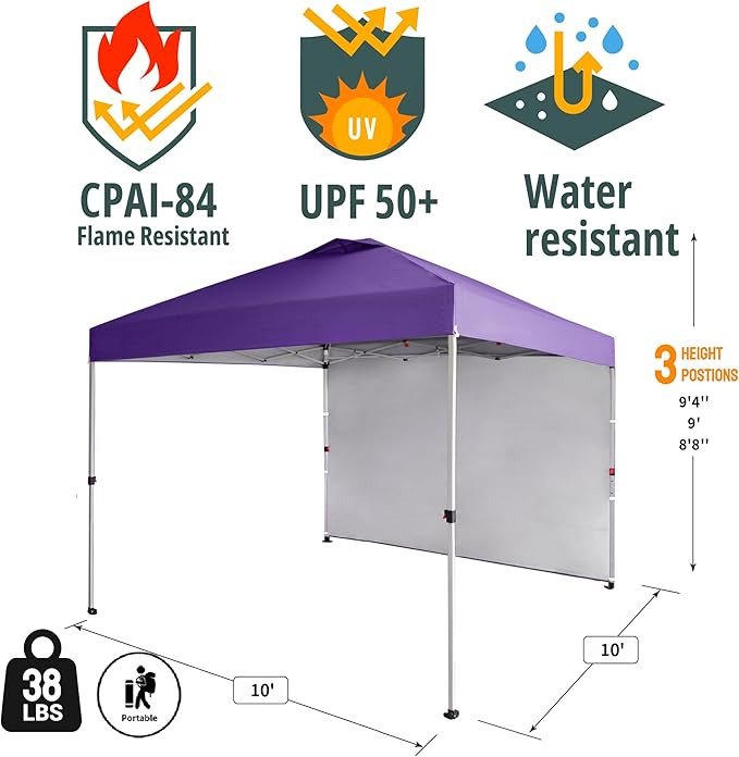 CROWN SHADES 10x10 Pop Up Canopy with 1 Side Wall - Beach Tent with One Push Setup - Outdoor Sun Shade for Events, Parties,