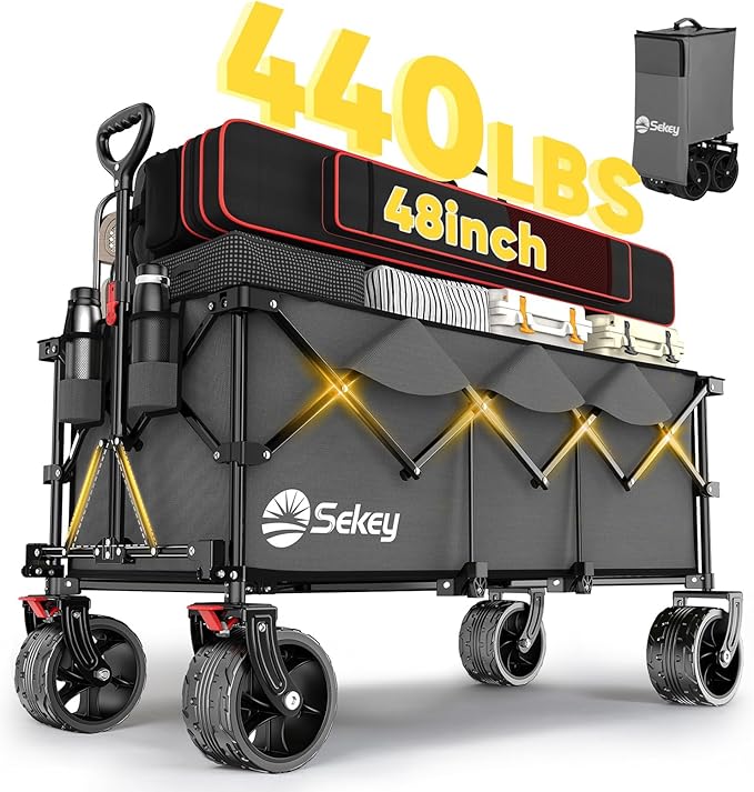 Sekey 48''L Collapsible Foldable Extended Wagon with 440lbs Weight Capacity, Heavy Duty 300L Folding Utility Garden Cart