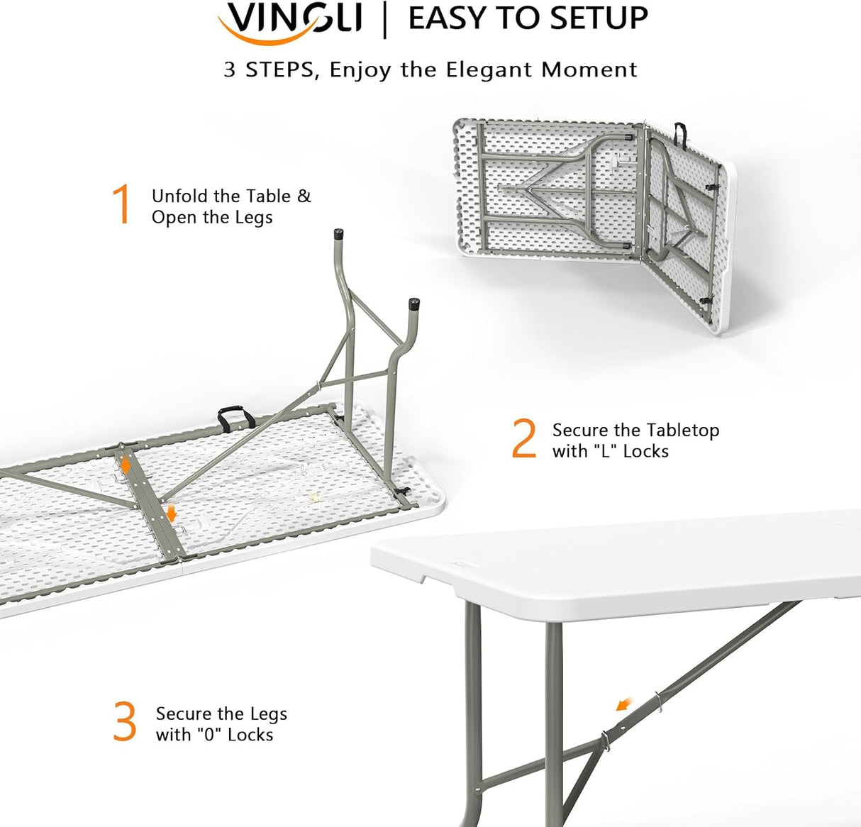 VINGLI 6 Foot Plastic Folding Table Portable Long Table for Indoor Outdoor Use Rectangular with Carrying Handle, Smooth HDPE