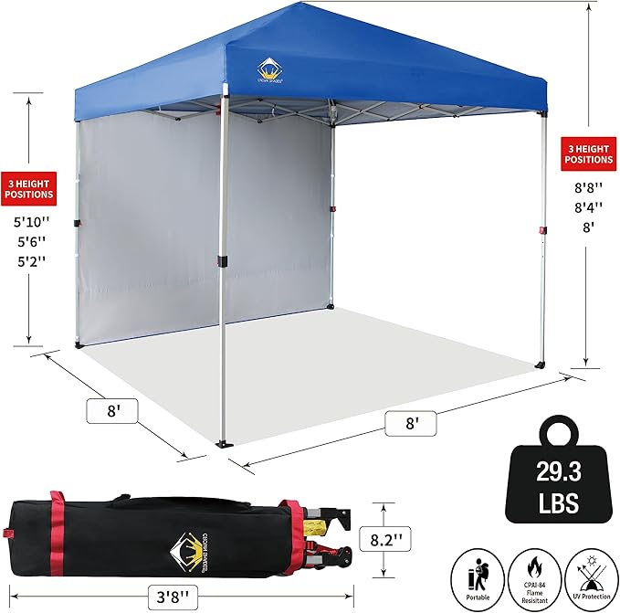 CROWN SHADES 8x8 Pop Up Canopy with 1 Side Wall - Beach Tent with One Push Setup - Outdoor Sun Shade for Events, Parties,