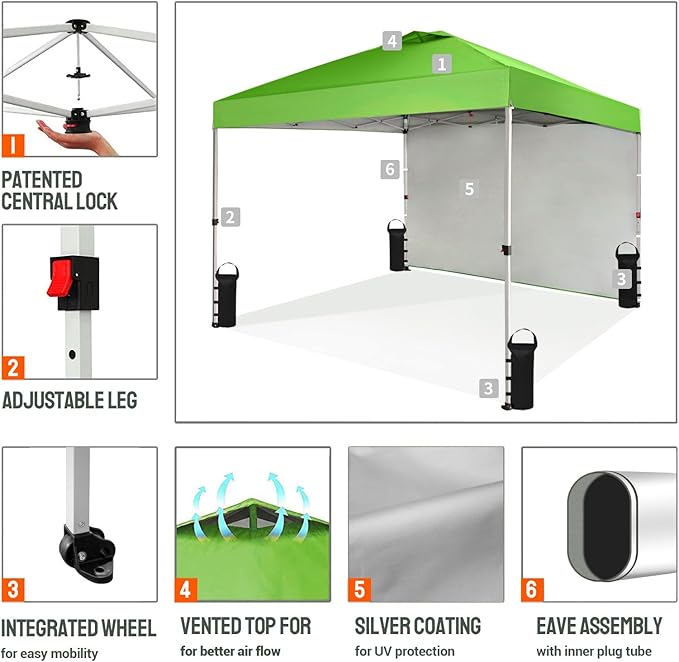 CROWN SHADES 10x10 Pop Up Canopy with 1 Side Wall - Beach Tent with One Push Setup - Outdoor Sun Shade for Events, Parties,