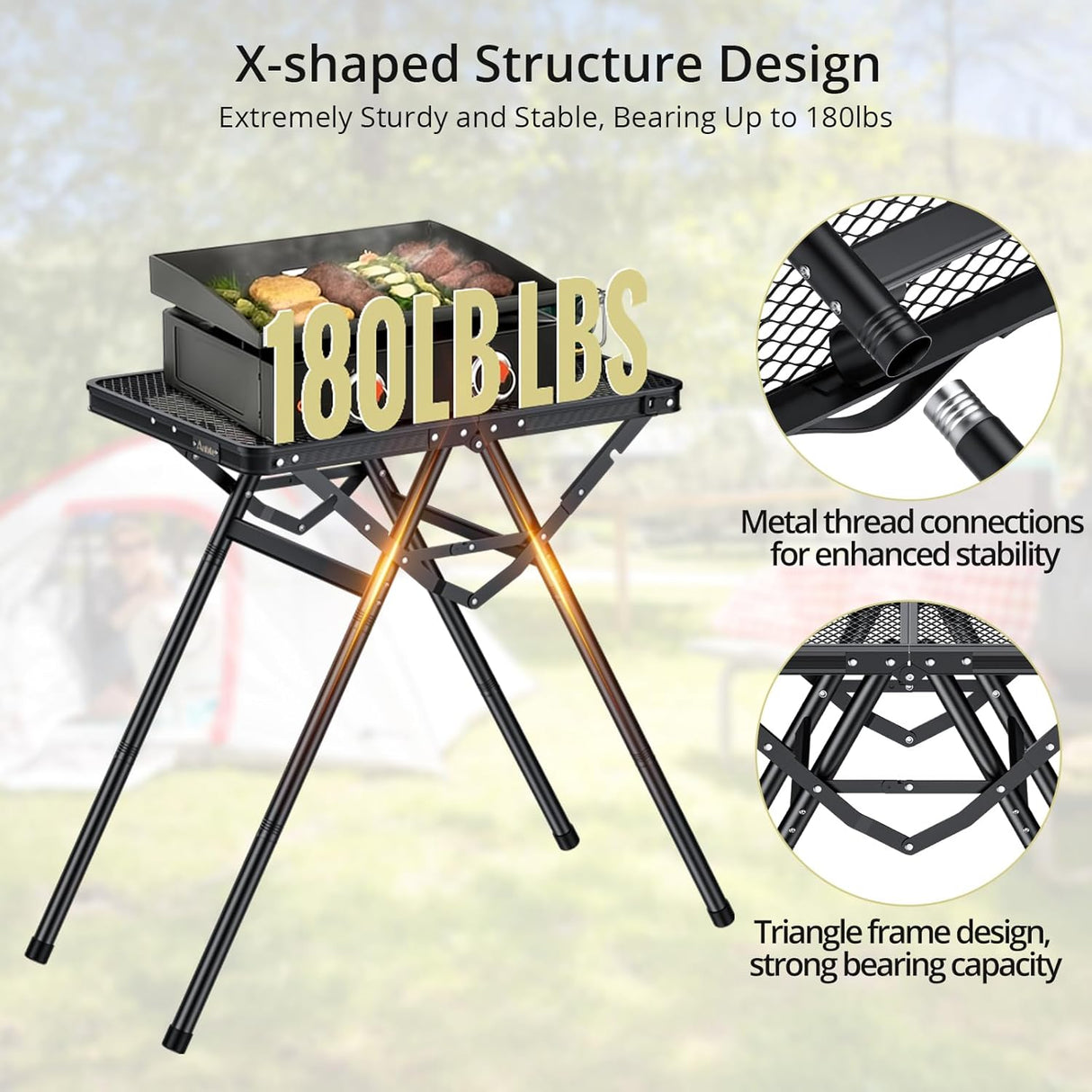 2ft Sturdy Folding Grill Table, Supports 180 Lbs, 2 Adjustable Height 28” Portable Grill Table, Heat-Resistant Tabletop,