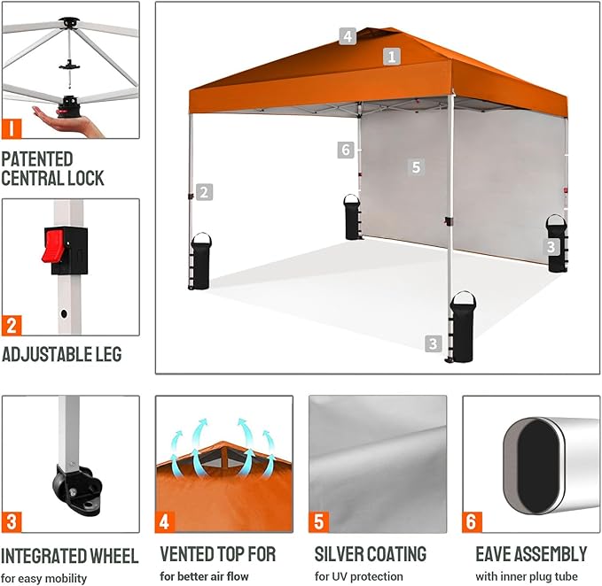 CROWN SHADES 10x10 Pop Up Canopy with 1 Side Wall - Beach Tent with One Push Setup - Outdoor Sun Shade for Events, Parties,