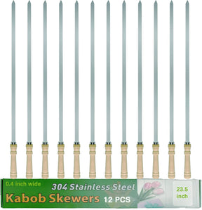 23.5" Large Skewers for Grilling,304 Stainless Steel 0.4 inch Wide Kabob Skewers with Wooden Handle,Heavy-Duty Flat Metal