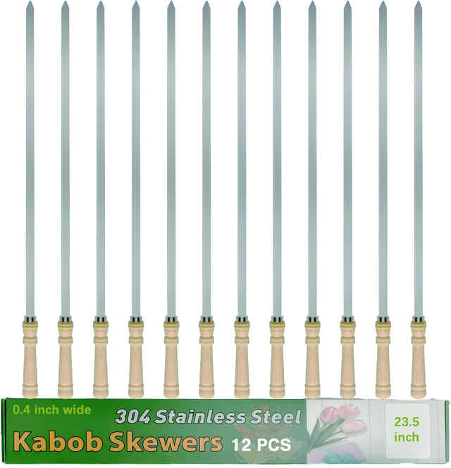 23.5" Large Skewers for Grilling,304 Stainless Steel 0.4 inch Wide Kabob Skewers with Wooden Handle,Heavy-Duty Flat Metal
