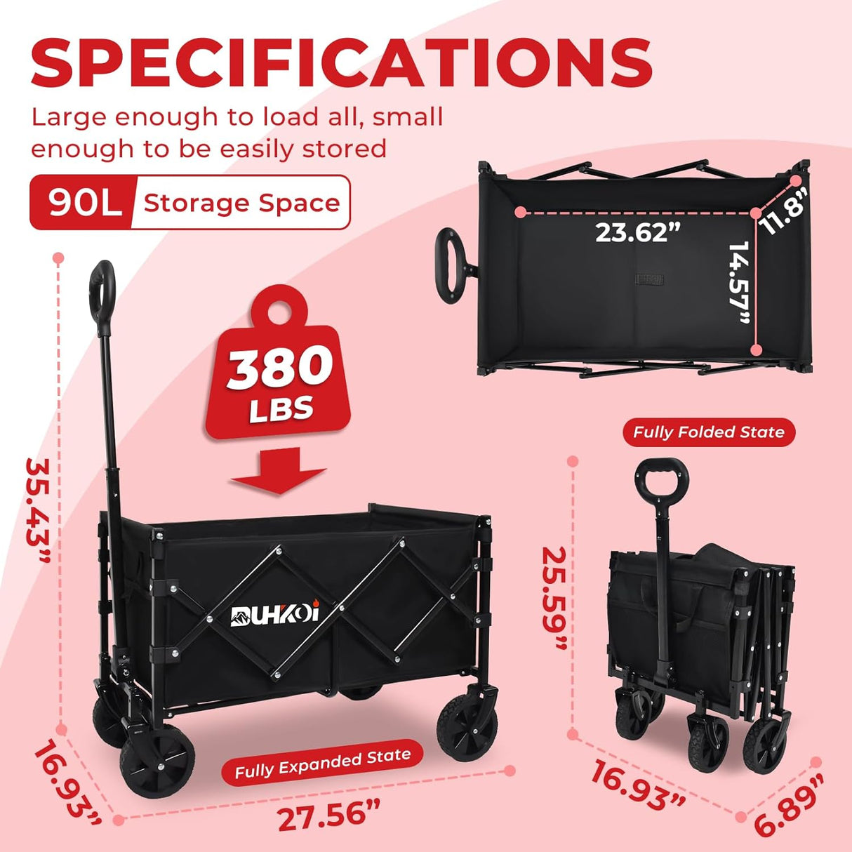 Collapsible Wagon Cart with Wheels Foldable,11 Lbs Lightweight Portable Folding Utility Wagon,90 L Heavy Duty Grocery