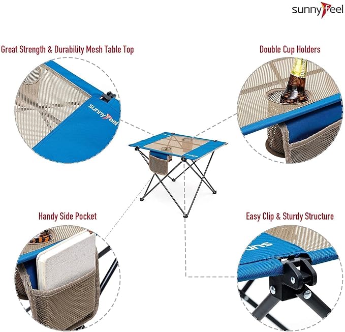 SUNNYFEEL Outdoor Folding Table | Lightweight Mesh Compact Camping Table, Roll Up Top 2 People Portable Camp Tables with