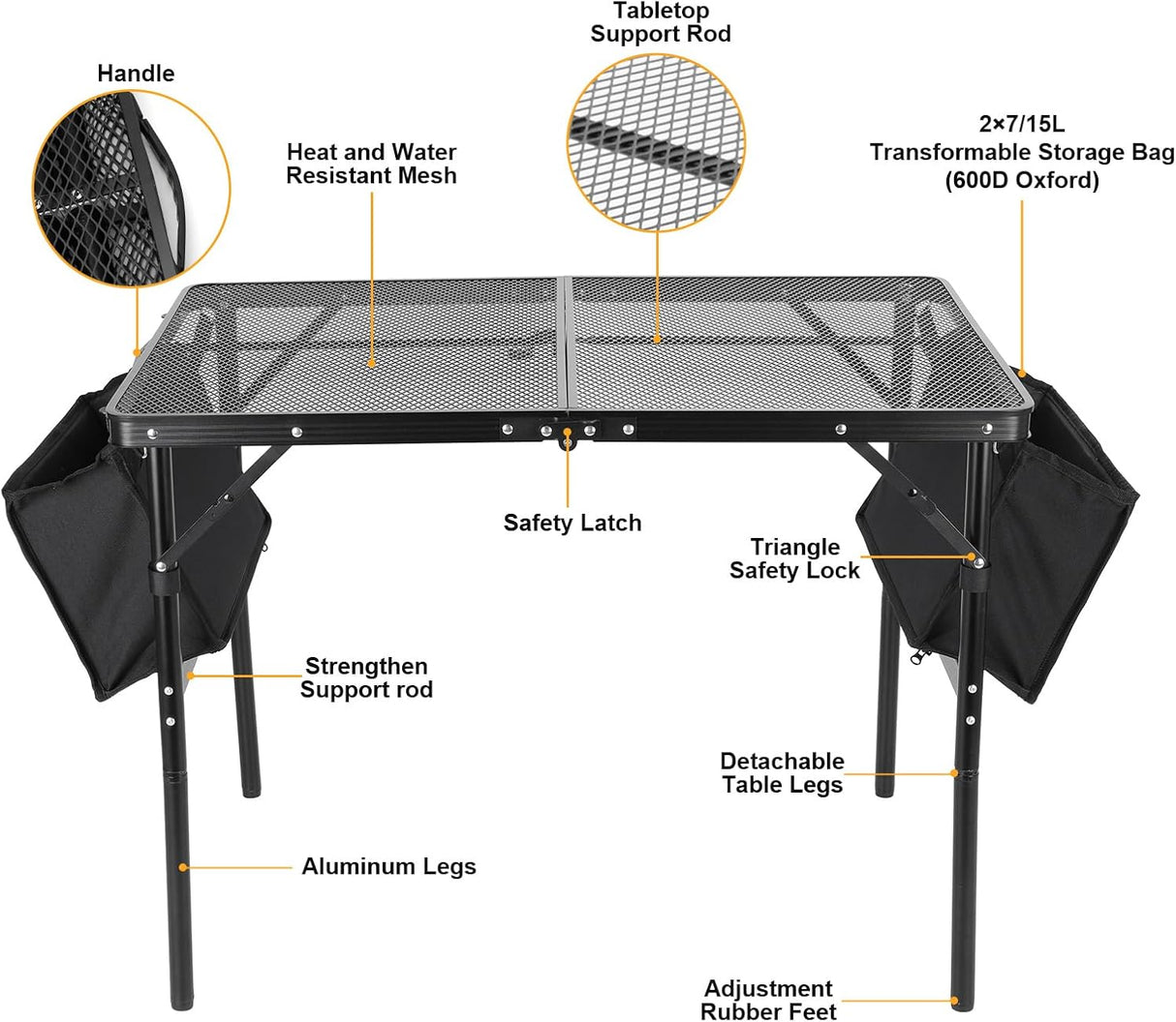 Camping Table 3FT Grill Table with 2×7/15L Storage Bag Foldable Folding Table Picnic Portable Stand Mesh 2 Height Adjustable