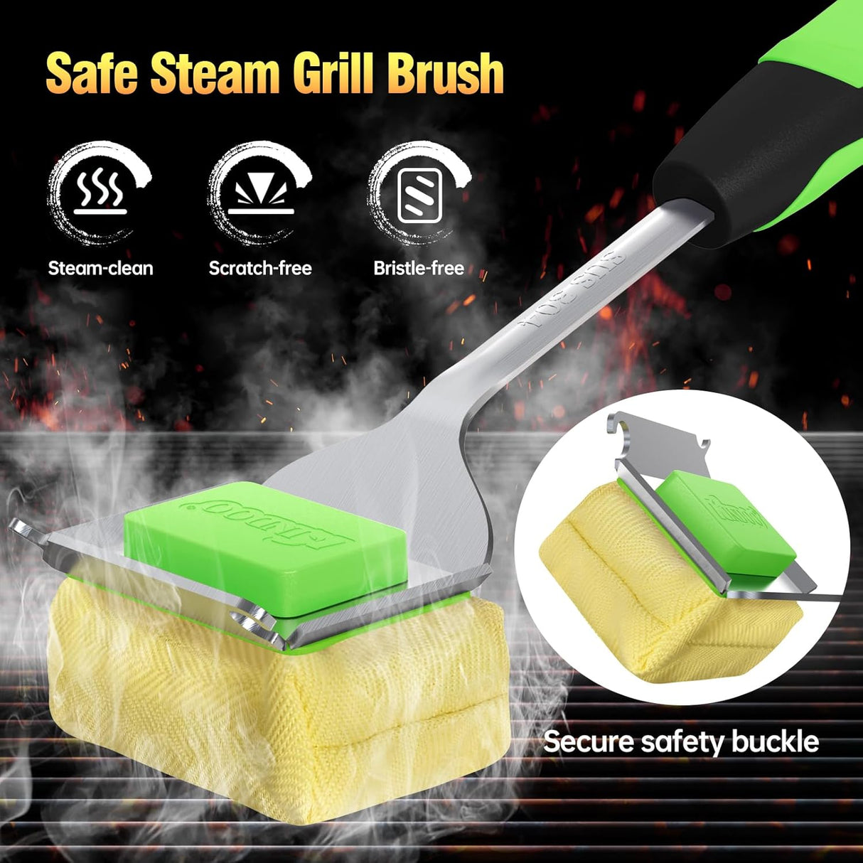 Grill Brush Bristle Free for Outdoor Grill, Steam Grill Cleaning Brush Replaceable BBQ Cleaner Brush Head,Extended Handle,