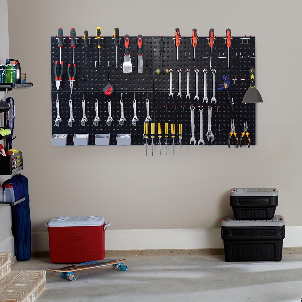 48x24 inch Black Metal Pegboard Kit for Wall Organization with Hooks, Garage Storage Bins, and Utility Tool Board, Efficient