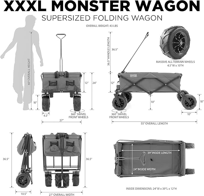 Creative Outdoor Push Pull Stroller Wagon for Kids, 250lbs Weight Capacity, XXXL Monster Series, Collapsible Giant