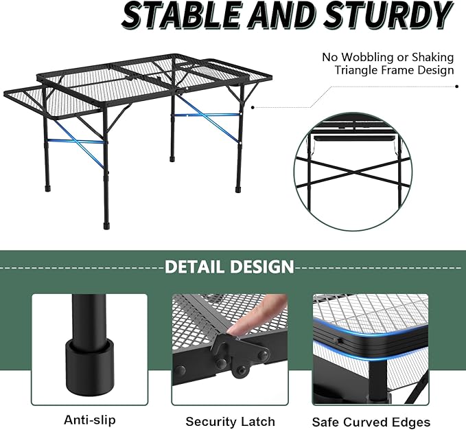 Folding Table with 2 Wing Panels, 3x2 FT Camping Table with Mesh Desktop,Height Adjustable Folding Grill Table with Mesh