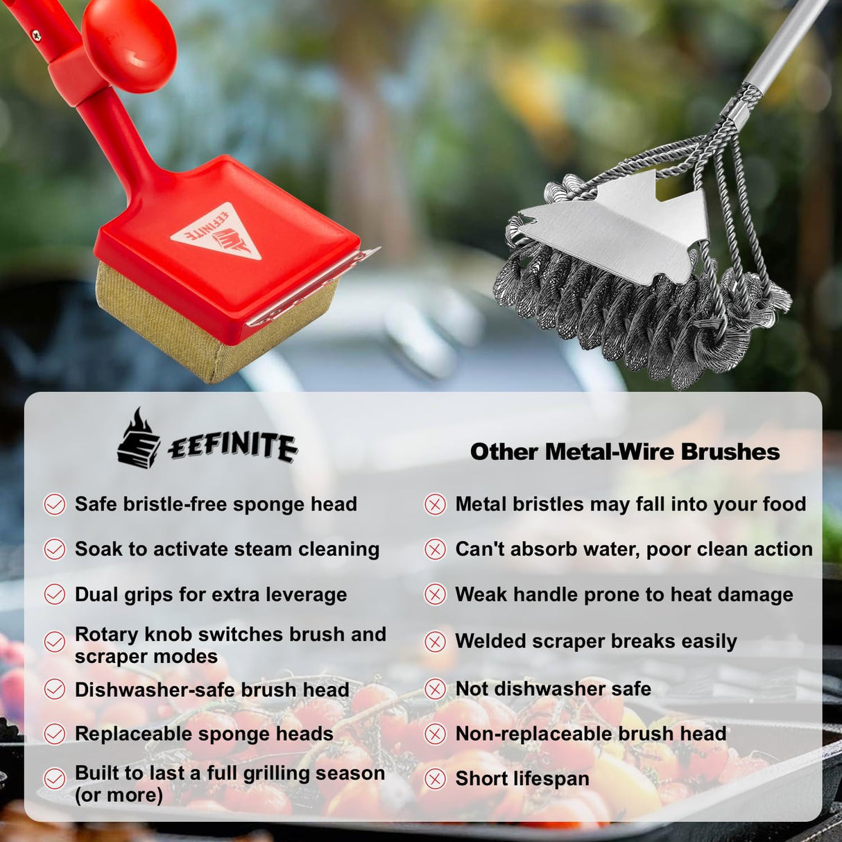 BBQ Grill Cleaner Brush, EEFINITE Steam Grill Brush for Outdoor Grilling with Replacement Scrub Sponge + Superior Scraper,