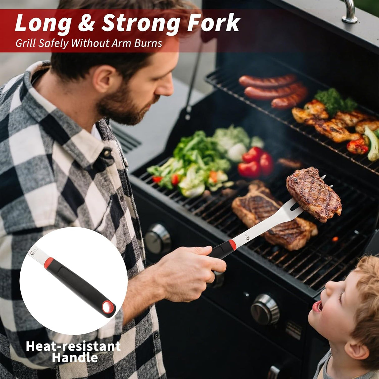 BBQ Tools Set, Heavy Duty Stainless Steel Spatula, Fork & Tongs with Portable Bag, Essential Accessories for Barbecue