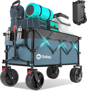 Collapsible Wagon Cart with Big All-Terrain Beach Wheels, Foldable Heavy Duty Wagons with Cup Holders, Utility Carts for