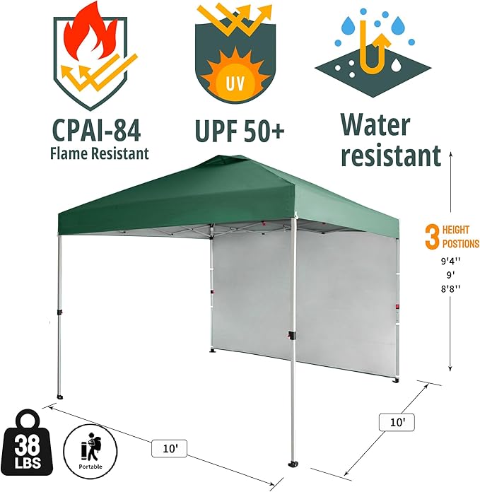 CROWN SHADES 10x10 Pop Up Canopy with 1 Side Wall - Beach Tent with One Push Setup - Outdoor Sun Shade for Events, Parties,
