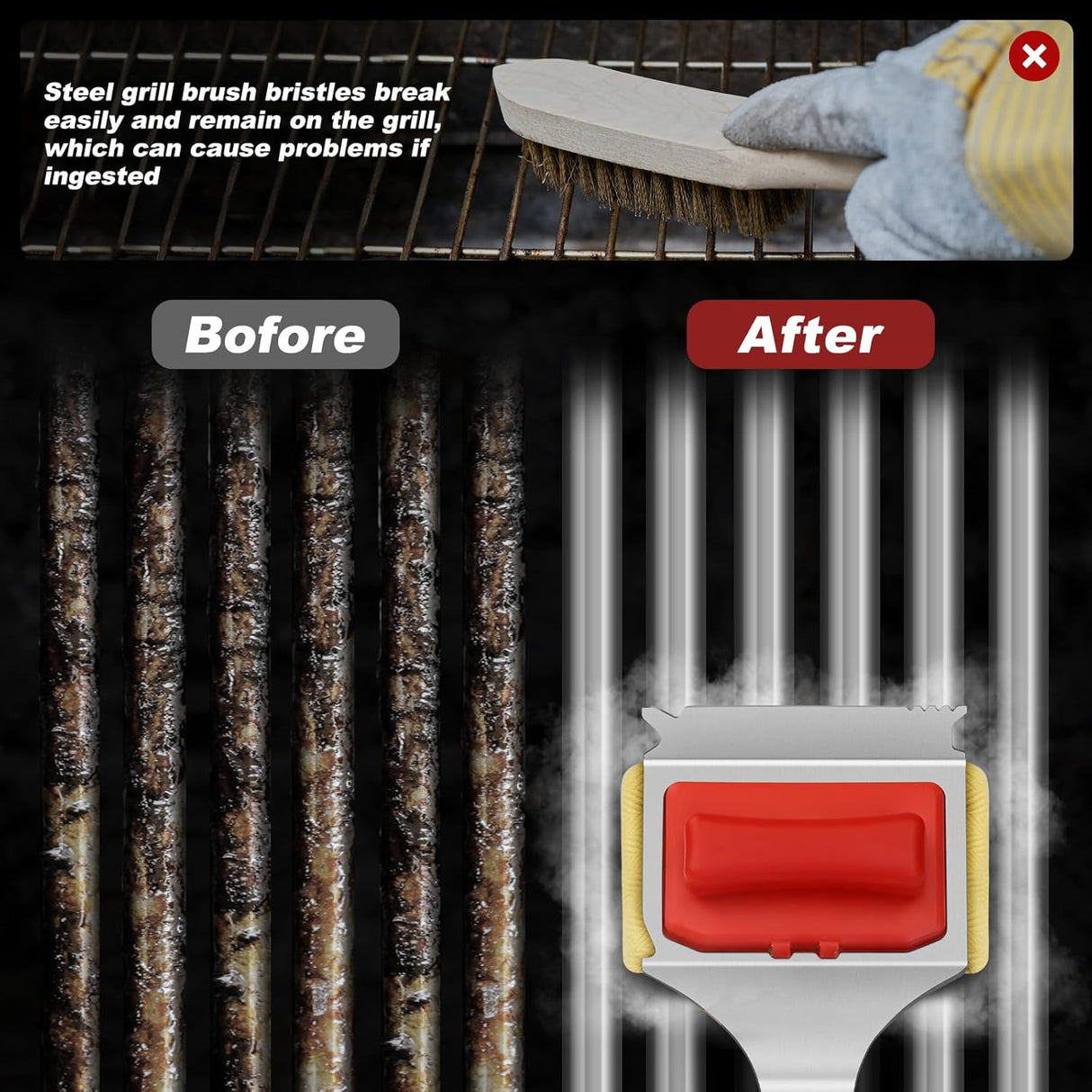 Steam Safe Grill Cleaning Brush Bristle Free and Scraper for Outdoor Grill with 15" Extended Handle, 3X Thick Aramid Fabric