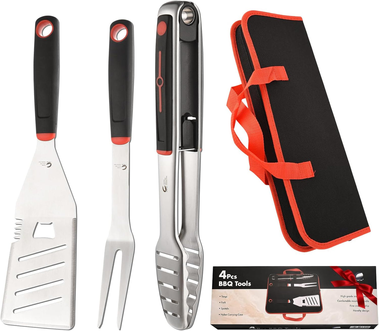 BBQ Tools Set, Heavy Duty Stainless Steel Spatula, Fork & Tongs with Portable Bag, Essential Accessories for Barbecue