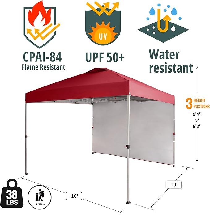 CROWN SHADES 10x10 Pop Up Canopy with 1 Side Wall - Beach Tent with One Push Setup - Outdoor Sun Shade for Events, Parties,
