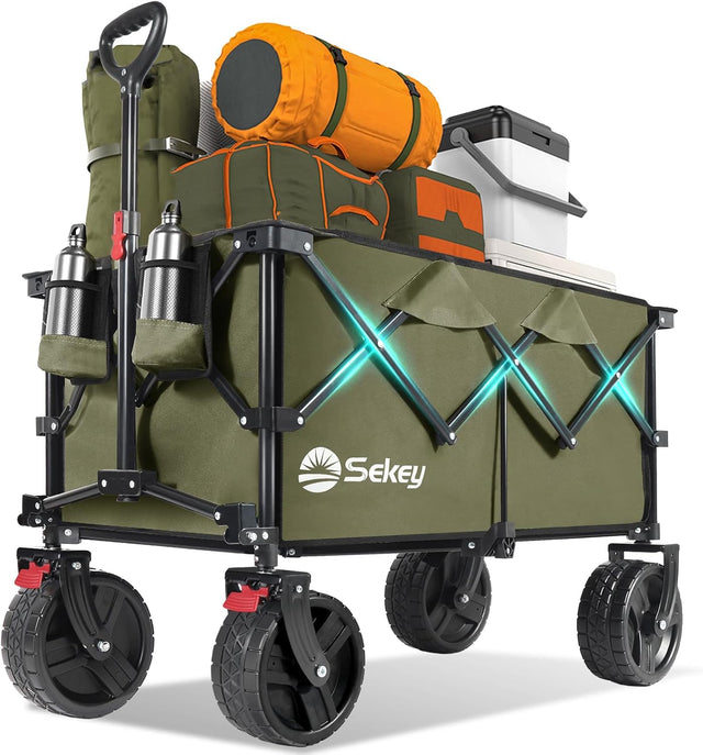 Collapsible Wagon Cart with Big All-Terrain Beach Wheels, Foldable Heavy Duty Wagons with Cup Holders, Utility Carts for
