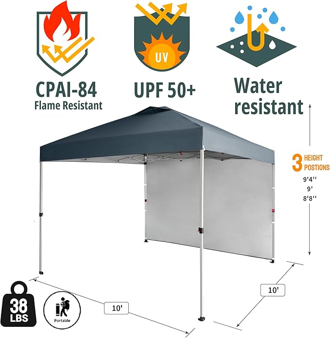 CROWN SHADES 10x10 Pop Up Canopy with 1 Side Wall - Beach Tent with One Push Setup - Outdoor Sun Shade for Events, Parties,