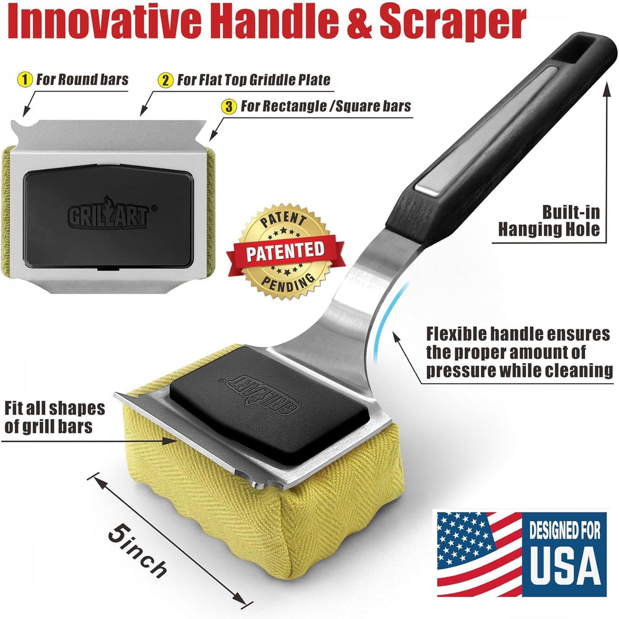 GRILLART Grill Brush Bristle Free. Upgraded BBQ Replaceable Cleaning Head, Seamless-Fitting Scraper Tools for Cast