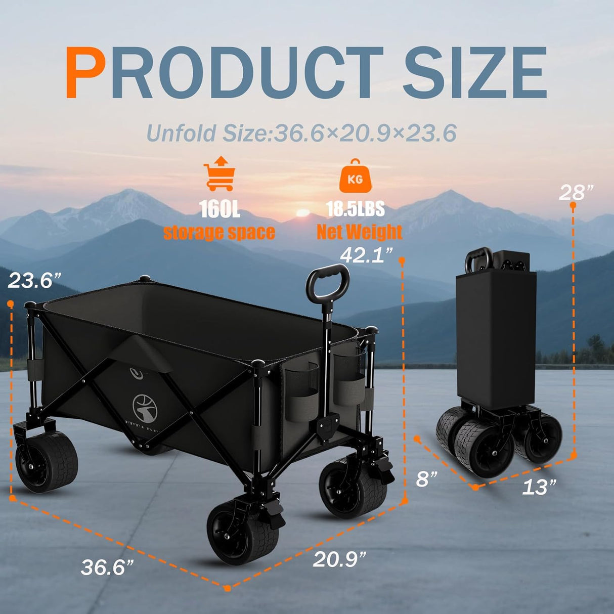 Collapsible Wagon Cart with Silent All-Terrain Wheels, Foldable Heavy Duty Beach Wagon with 330LB,Folding Cart with Cup