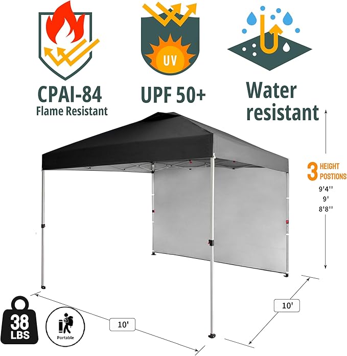 CROWN SHADES 10x10 Pop Up Canopy with 1 Side Wall - Beach Tent with One Push Setup - Outdoor Sun Shade for Events, Parties,