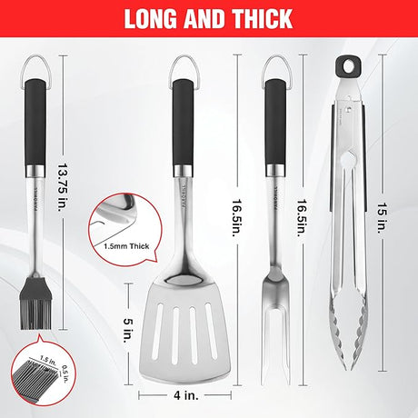 Grill Accessories Heavy Duty BBQ Set Gifts for Men/Women - Premium Stainless Steel Spatula, Fork, Brush & Tongs, Barbecue