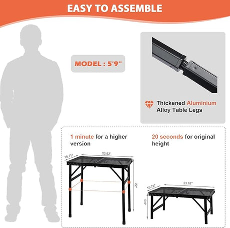 Camping Table with Mesh Desktop, Lightweight & Portable Small Folding Grill Table, Height Adjustable Metal Outdoor Table for
