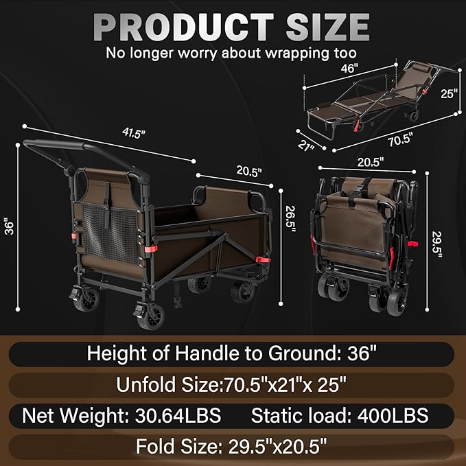 LEVELEVE Heavy Duty Folding Wagon - 2-in-1 Collapsible Cart, 400lb Capacity, All-Terrain Wheels w/Brakes & Side Pockets