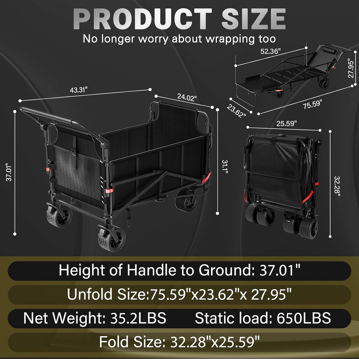 LEVELEVE Heavy Duty Folding Wagon - 2-in-1 Collapsible Cart, 650lb Capacity, All-Terrain Wheels w/Brakes & Side Pockets