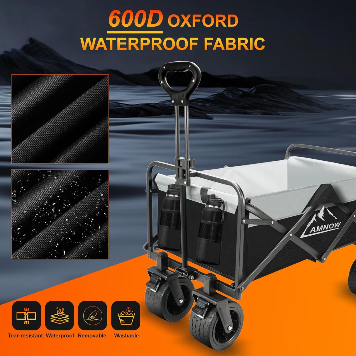 Collapsible Foldable Wagon, Utility Large Capacity Beach Wagon with Big Wheels, Shopping Cart with Side Pocket and Brakes