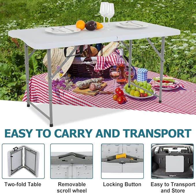 4FT Folding Table, Height Adjustable Table, Heavy Duty Plastic Tables Portable Fold-in-Half Utility Table w/Handle & Lock