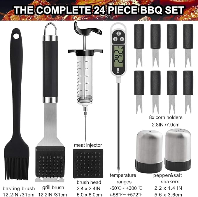 Grilljoy 24PCS BBQ Grill Tools Set with Meat Thermometer and Injector - Extra Thick Stainless Steel Fork, Spatula& Tongs -