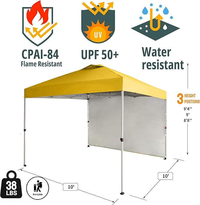 CROWN SHADES 10x10 Pop Up Canopy with 1 Side Wall - Beach Tent with One Push Setup - Outdoor Sun Shade for Events, Parties,