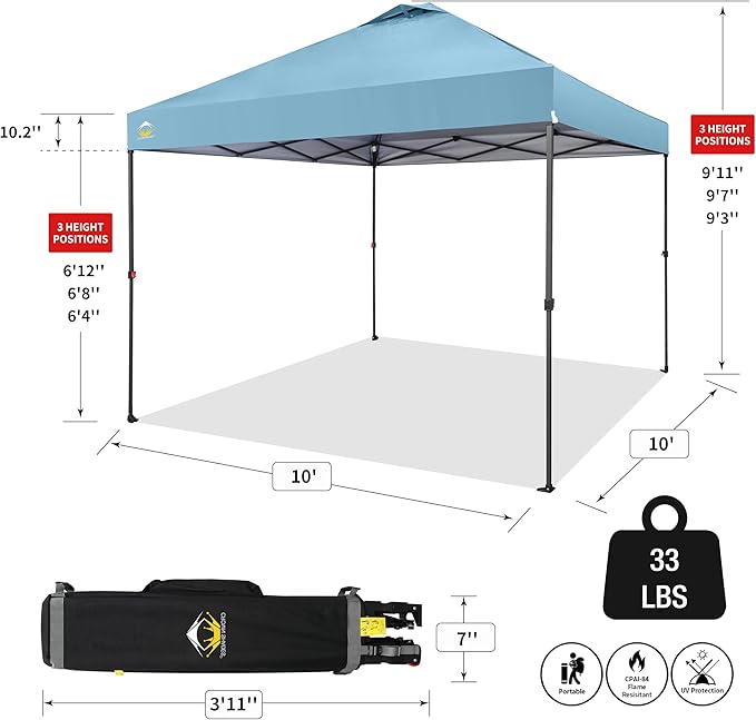 CROWN SHADES 10x10 Pop Up Canopy Tent - Patented Center Lock One Push Instant Outdoor Canopy Beach Tent with STO-N-Go Bag 8