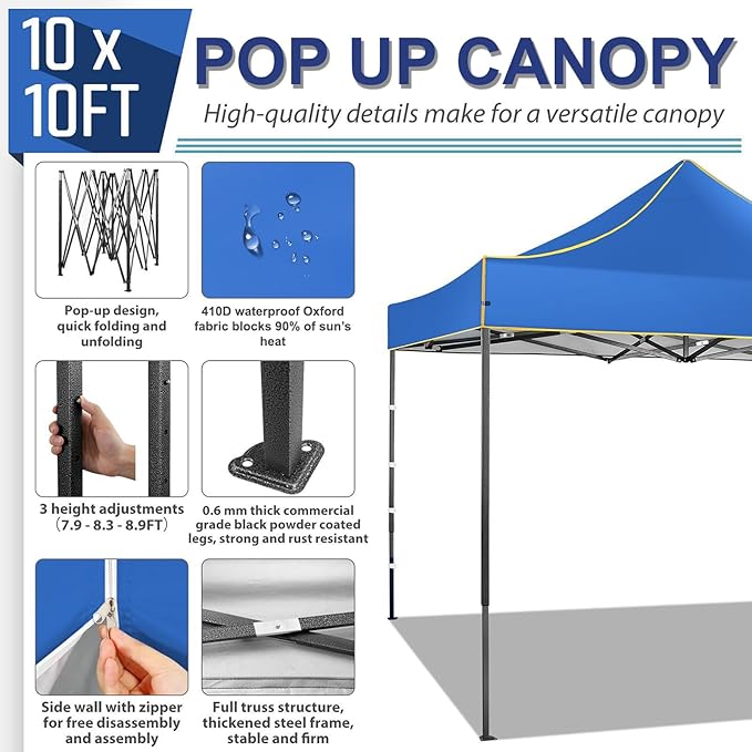 COBIZI 10x10 Heavy Duty Pop up Canopy with 4 Removable Sidewalls, Canopy Tent with Portable Bag, Ez Pop up Tent Commercial