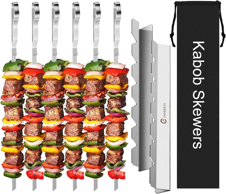 Kabob Skewers Stainless Steel Long BBQ Barbecue Skewers, Flat Metal Kebob Sticks Wide Reusable Grilling Skewers for Meat