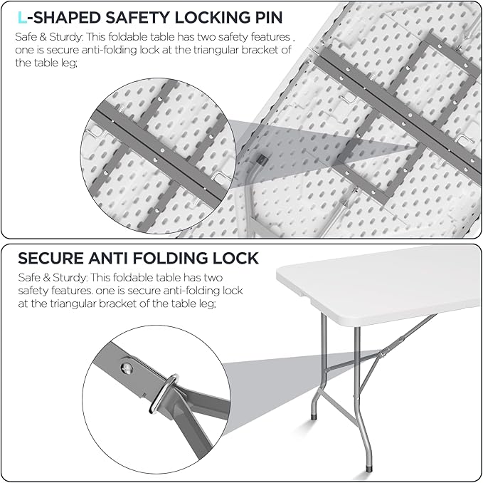 HLPB Folding Table Picnic Table, 8 ft Portable Camping Table with Handle and Safety Locks, Foldable Table Plastic Dining