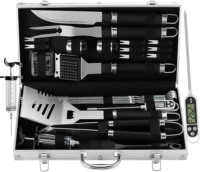 Grilljoy 24PCS BBQ Grill Tools Set with Meat Thermometer and Injector - Extra Thick Stainless Steel Fork, Spatula& Tongs -