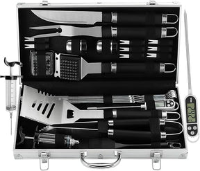 Grilljoy 24PCS BBQ Grill Tools Set with Meat Thermometer and Injector - Extra Thick Stainless Steel Fork, Spatula& Tongs -
